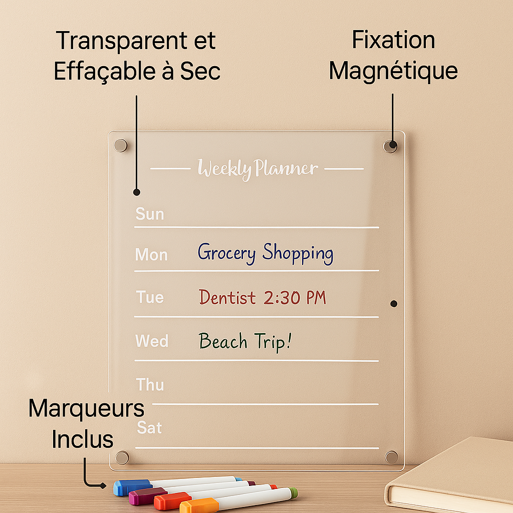 Planning Mural Magnétique Effaçable - Organiseur Familial avec 6 Feutres Colorés - Organisation Simplifiée+PDF Exclusif offert
